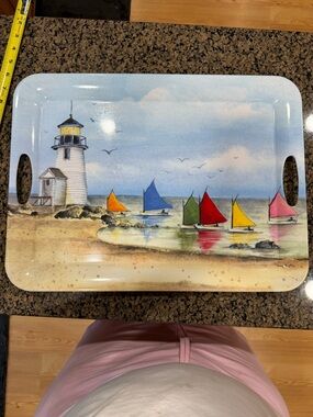 Coastal Lighthouse Serving Tray with Colorful Sailboats